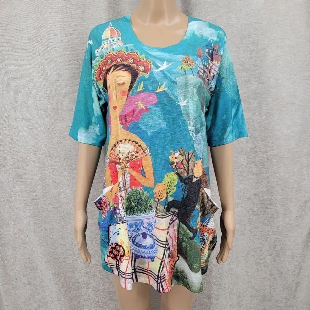 Inoah Artsy Art To Wear Colorful Tunic with Pockets Suitor Courting Lady Twee